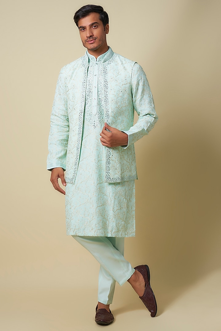 Mint Green Muslin Silk Resham Embroidered Bundi Jacket Set by RNG Safawala Men