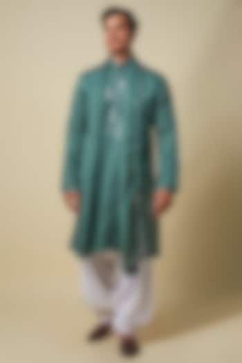 Teal Blue Muslin Silk Embroidered Kurta Set by RNG Safawala Men