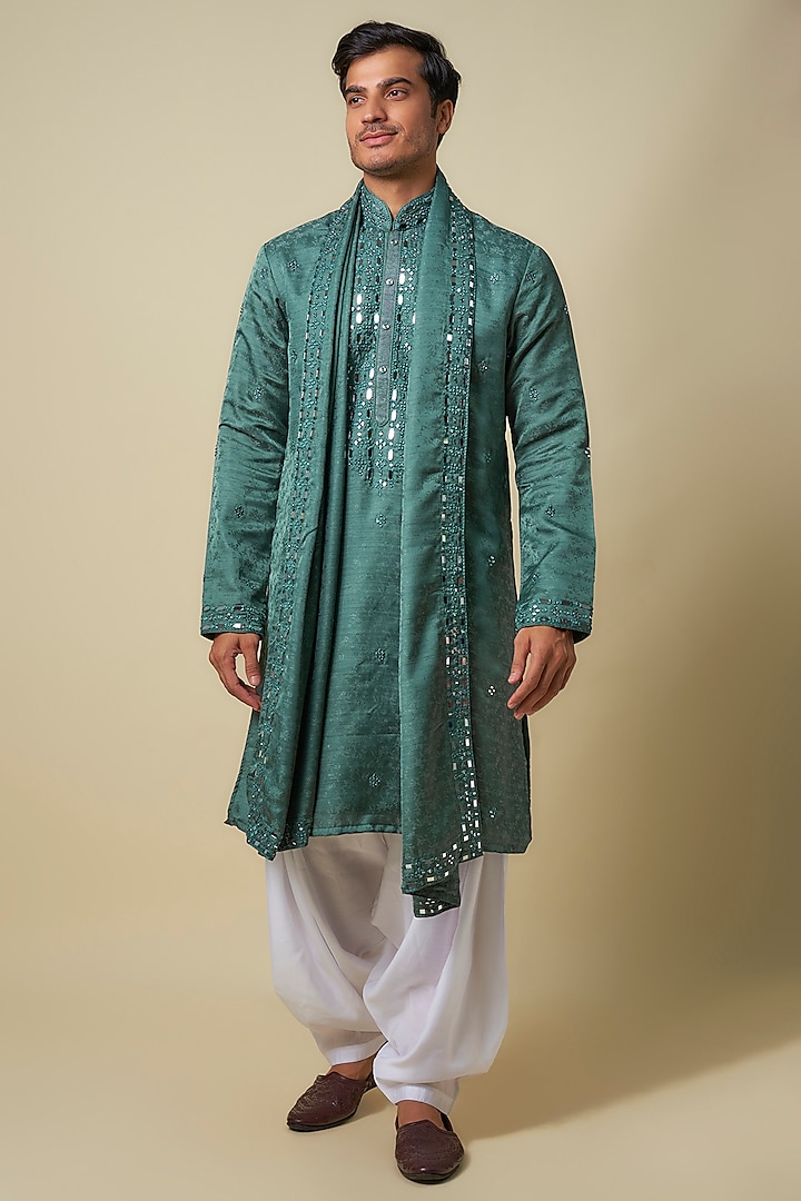 Teal Blue Muslin Silk Embroidered Kurta Set by RNG Safawala Men