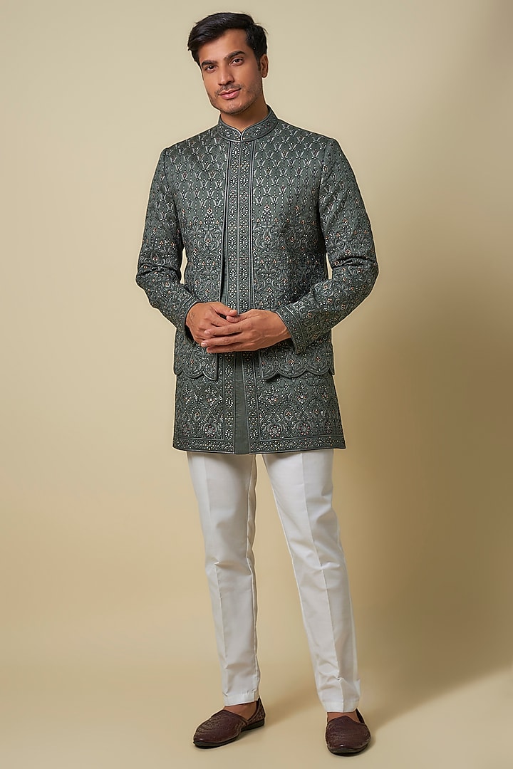 Charcoal Grey Terry Silk Mirror Embroidered Indowestern Set by RNG Safawala Men at Pernia's Pop Up Shop