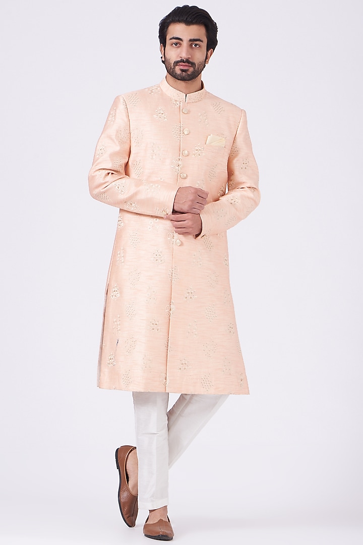 Salmon Pink Embroidered Achkan Set by RNG Safawala Men