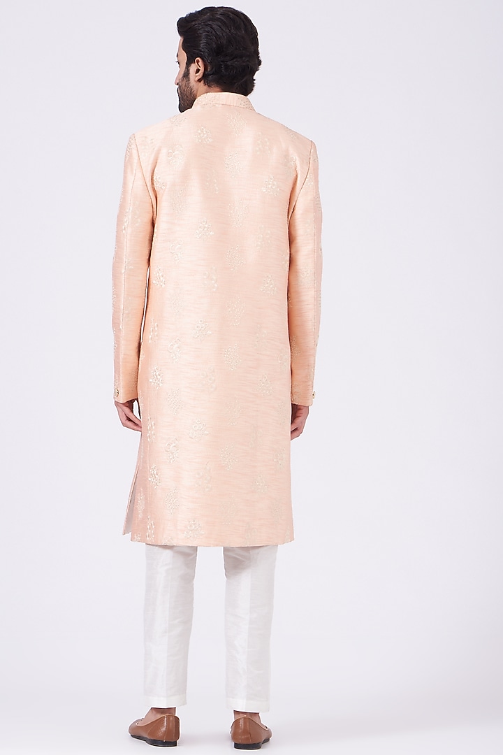 Salmon Pink Embroidered Achkan Set by RNG Safawala Men at Pernia's Pop Up Shop