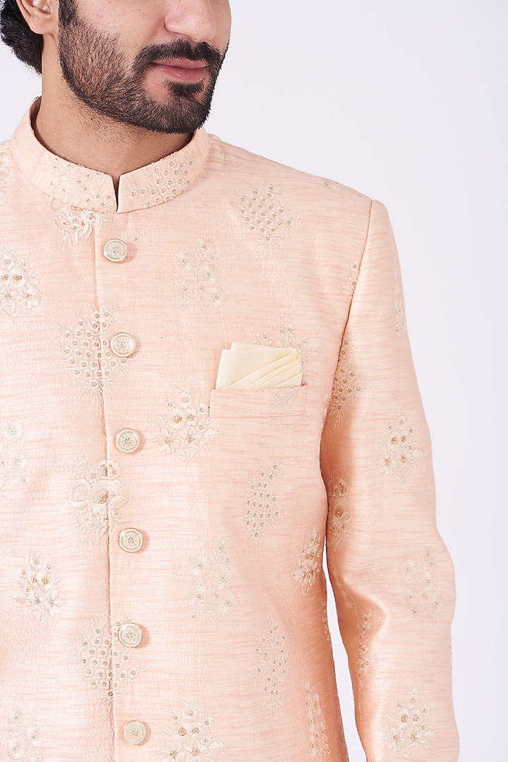 Salmon Pink Embroidered Achkan Set by RNG Safawala Men at Pernia's Pop Up Shop