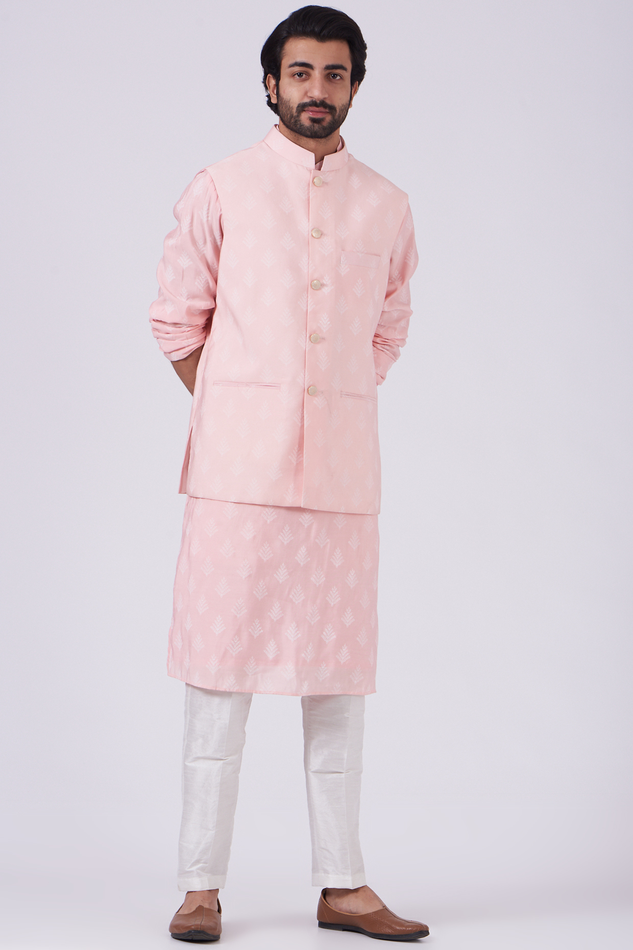 Candy Pink Kurta Set With Nehru Jacket by RNG Safawala Men at Pernia's Pop Up Shop