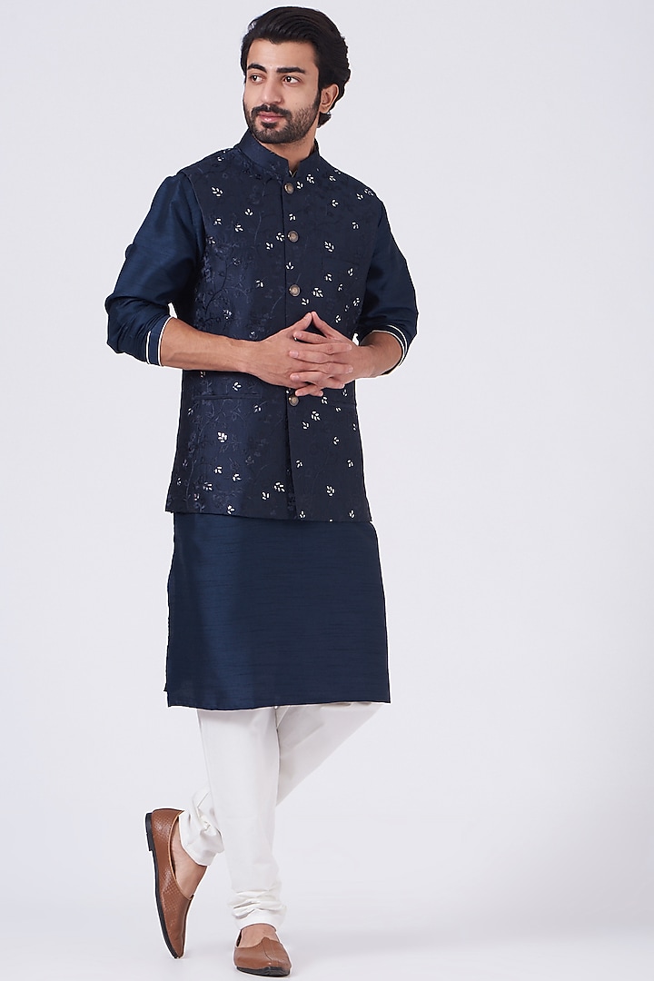 Royal Blue Silk Gota Nehru Jacket Set by RNG Safawala Men at Pernia's Pop Up Shop