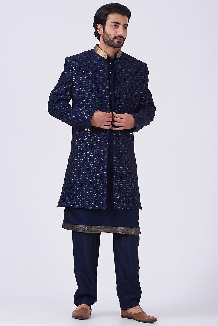 Navy Blue Zari Embroidery Wedding Bandhgala Set by RNG Safawala Men at Pernia's Pop Up Shop