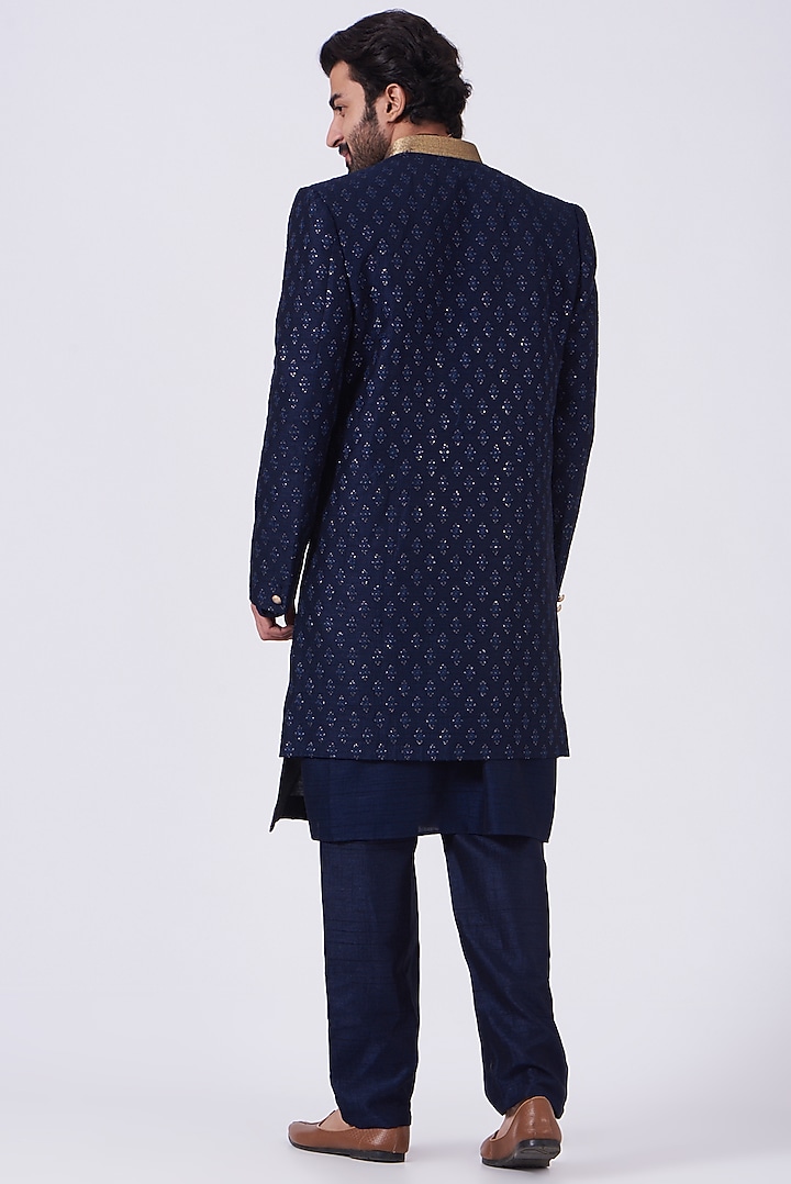 Navy Blue Zari Embroidery Wedding Bandhgala Set by RNG Safawala Men at Pernia's Pop Up Shop