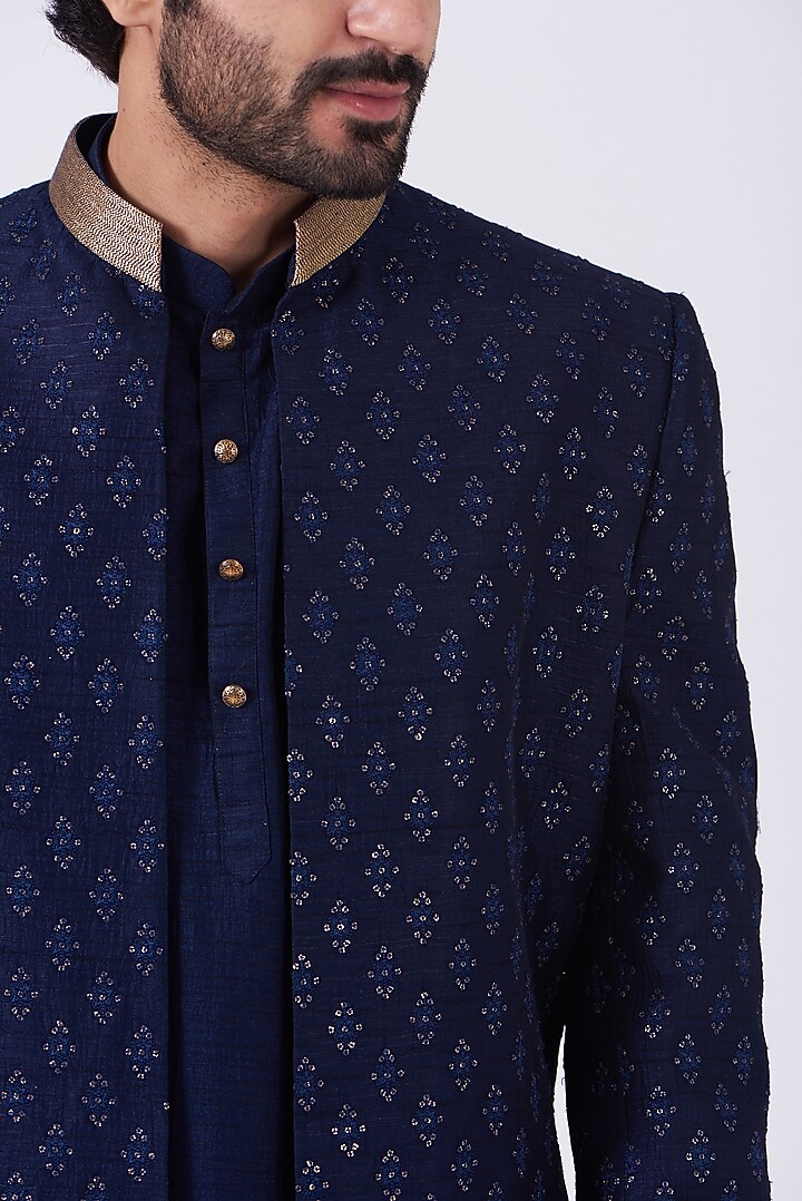 Navy Blue Zari Embroidery Wedding Bandhgala Set by RNG Safawala Men at Pernia's Pop Up Shop