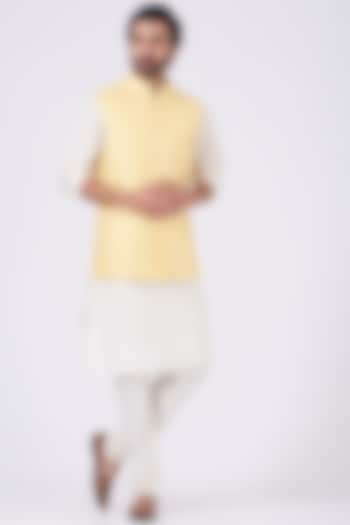White Kurta Set With Yellow Nehru Jacket by RNG Safawala Men