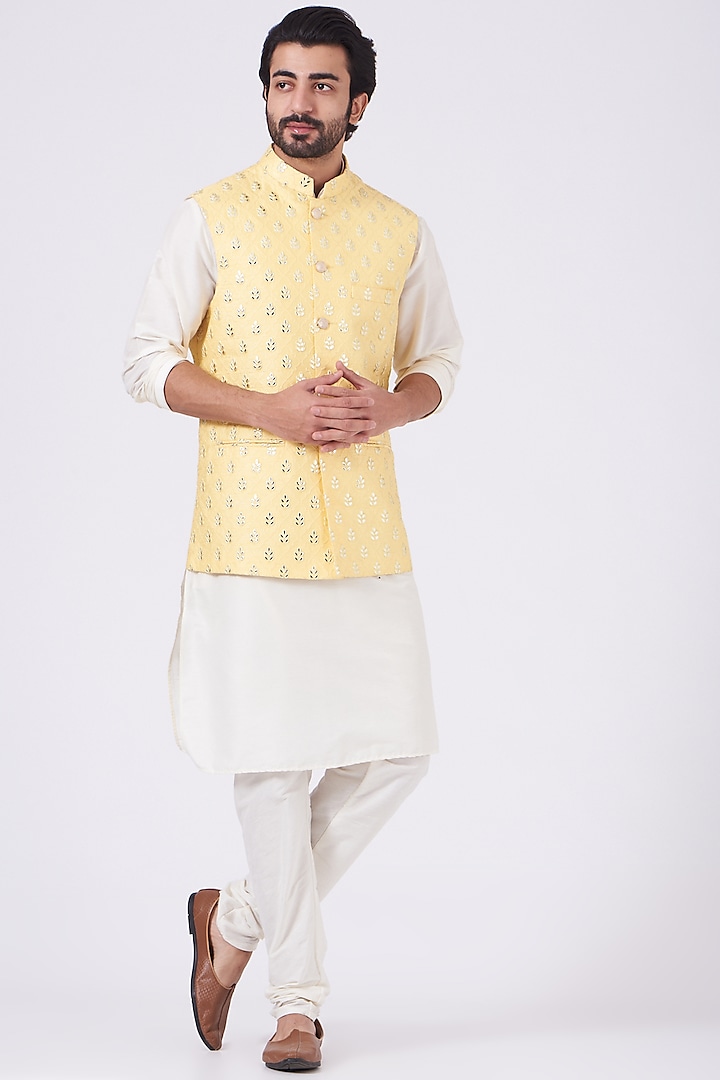 White Kurta Set With Yellow Nehru Jacket by RNG Safawala Men