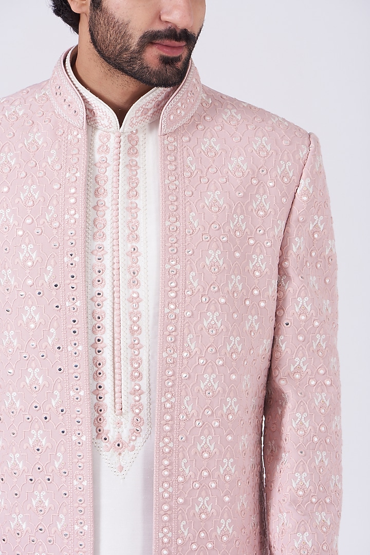 Old Rose Embroidered Wedding Indowestern Jacket Set by RNG Safawala Men at Pernia's Pop Up Shop