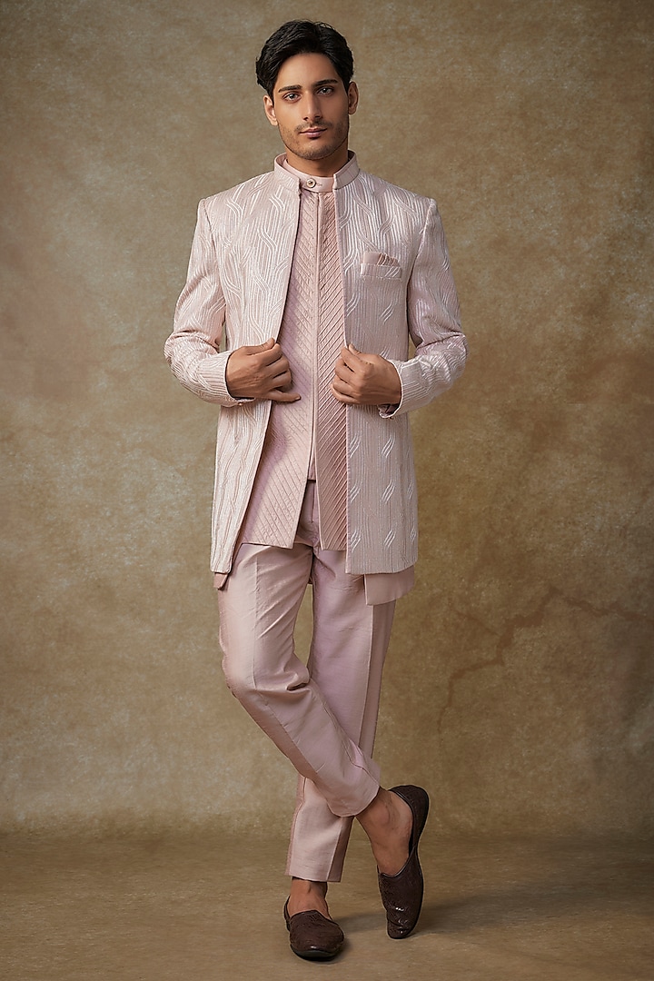 Mauve Pink Raw Silk Thread Embroidered Indowestern Set by RNG Safawala Men at Pernia's Pop Up Shop