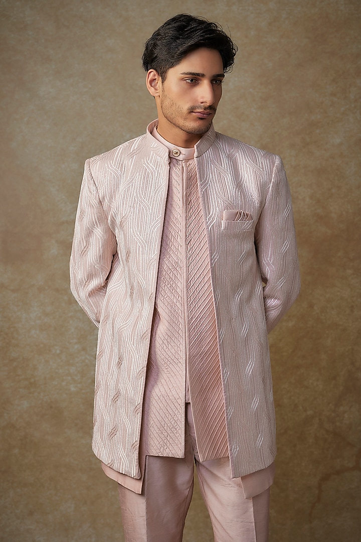 Mauve Pink Raw Silk Thread Embroidered Wedding Indowestern Set by RNG Safawala Men at Pernia's Pop Up Shop