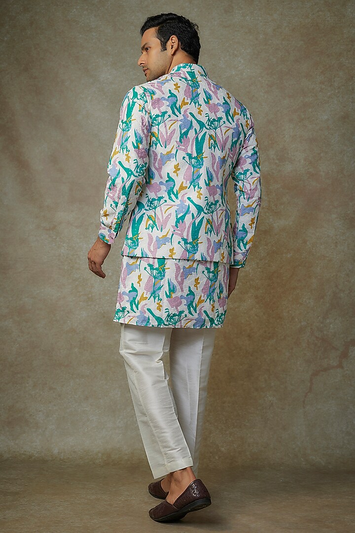 Off-White Cotton Silk Printed Bundi Jacket Set by RNG Safawala Men at Pernia's Pop Up Shop