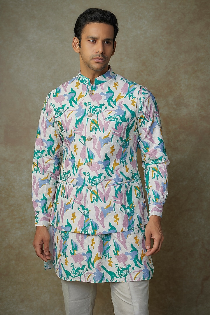 Off-White Cotton Silk Printed Bundi Jacket Set by RNG Safawala Men at Pernia's Pop Up Shop