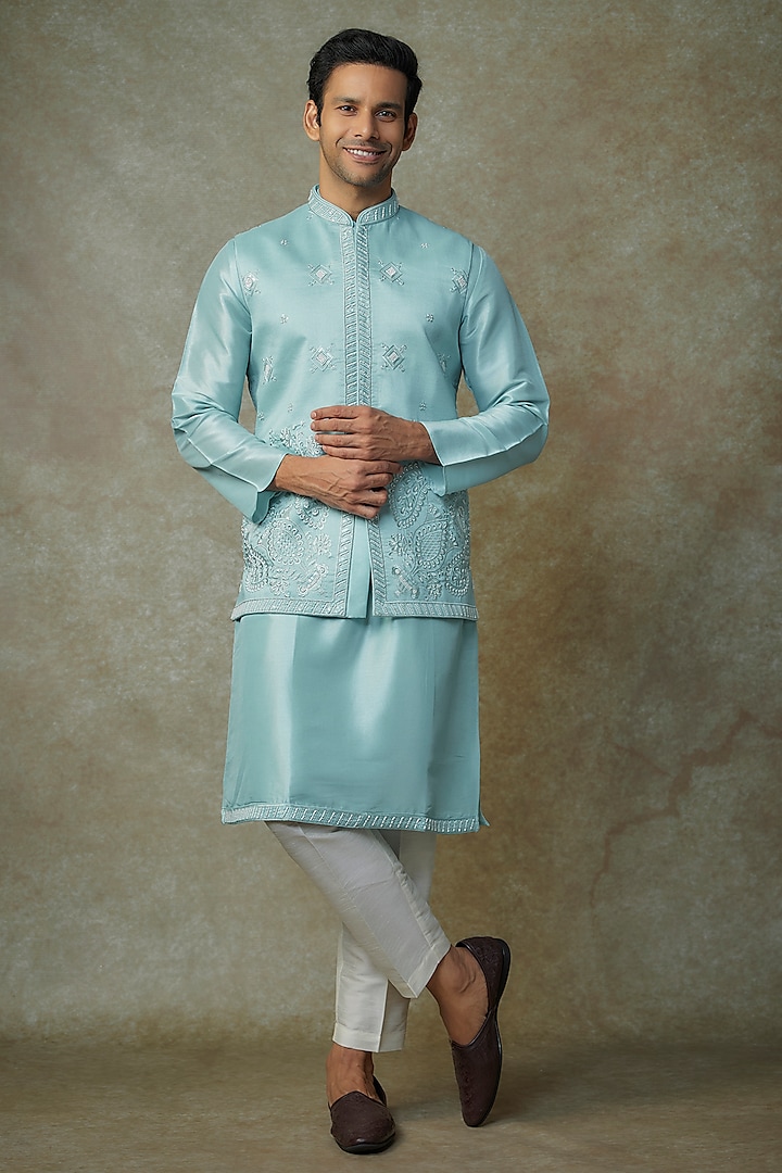 Powder Blue Muslin Silk Cutdana Embroidered Bundi Jacket Set by RNG Safawala Men