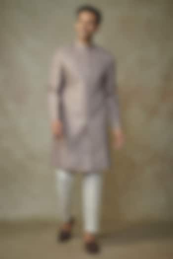 Grey Raw Silk Sequins Embroidered Achkan Set by RNG Safawala Men