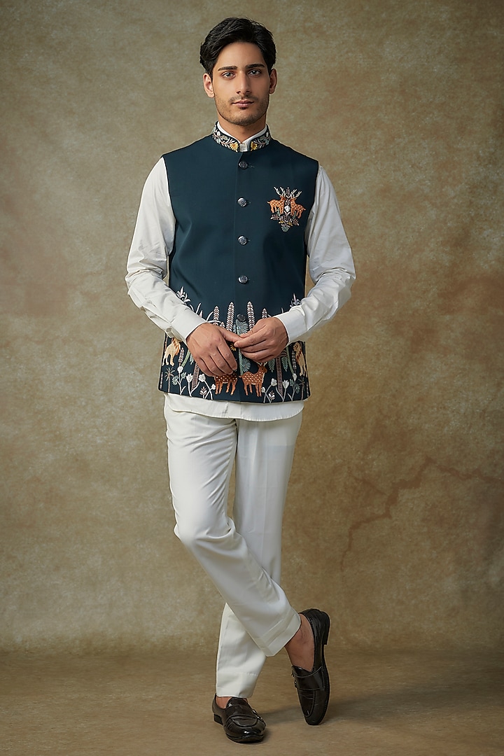 Bottle Green Silk Resham Embroidered Nehru Jacket by RNG Safawala Men