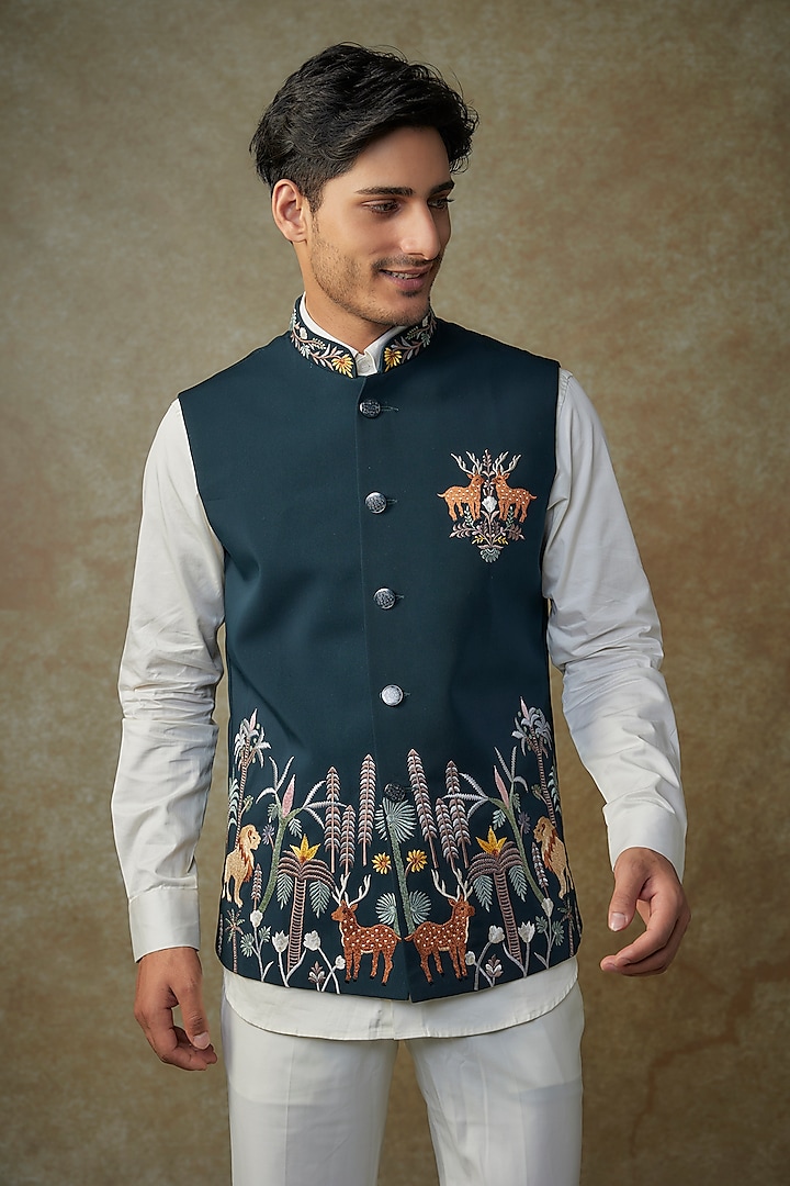Bottle Green Silk Resham Embroidered Nehru Jacket by RNG Safawala Men at Pernia's Pop Up Shop
