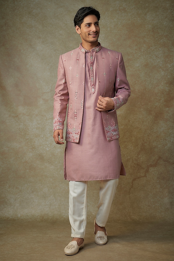 Purple Raw Silk Mirror Embroidered Indo Western Set by RNG Safawala Men