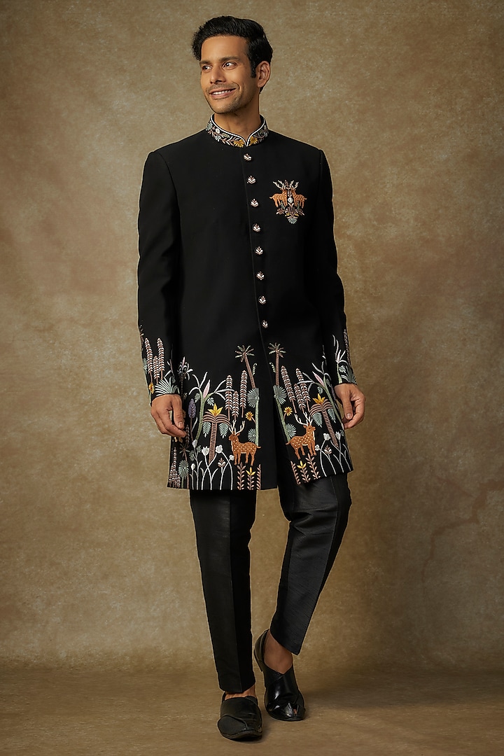 Black Terry Silk Resham Embroidered Achkan Set by RNG Safawala Men