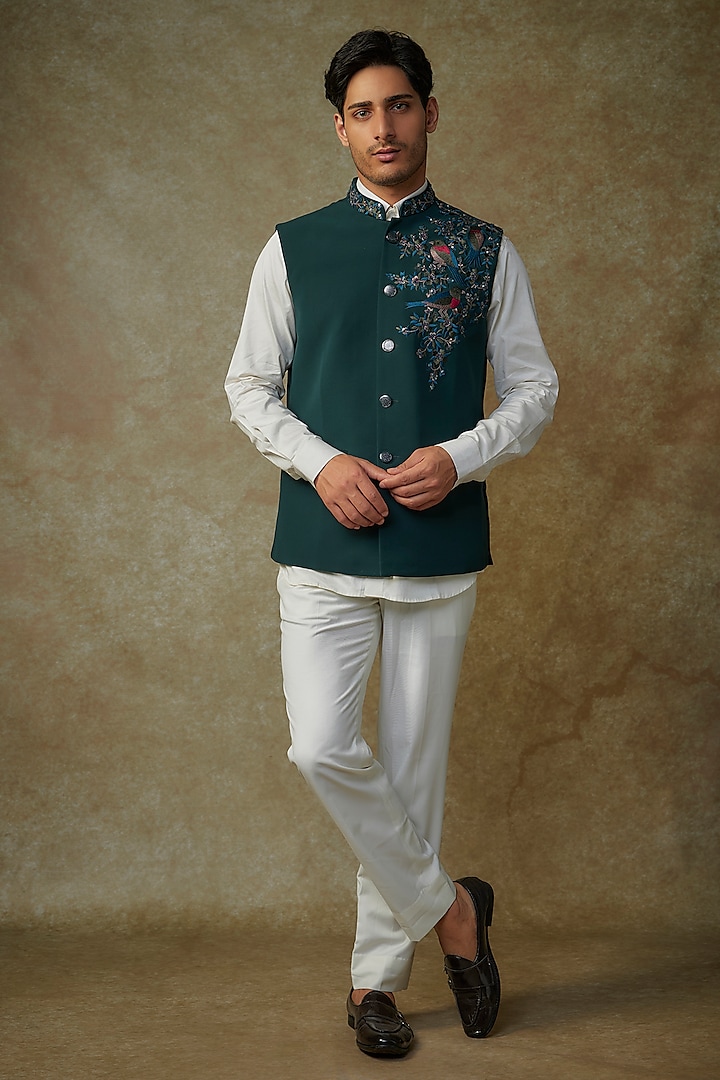 Teal Green Silk Resham Embroidered Nehru Jacket by RNG Safawala Men