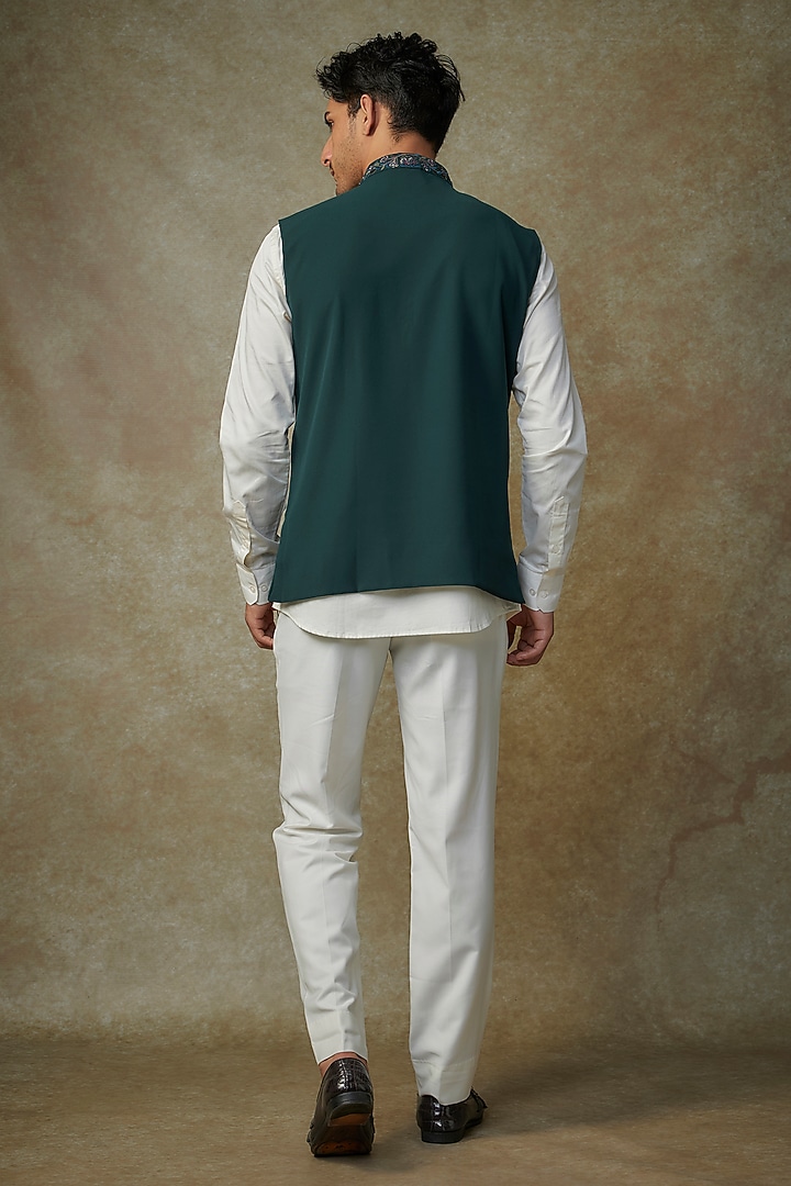 Teal Green Silk Resham Embroidered Nehru Jacket by RNG Safawala Men at Pernia's Pop Up Shop