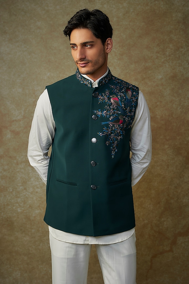 Teal Green Silk Resham Embroidered Nehru Jacket by RNG Safawala Men at Pernia's Pop Up Shop
