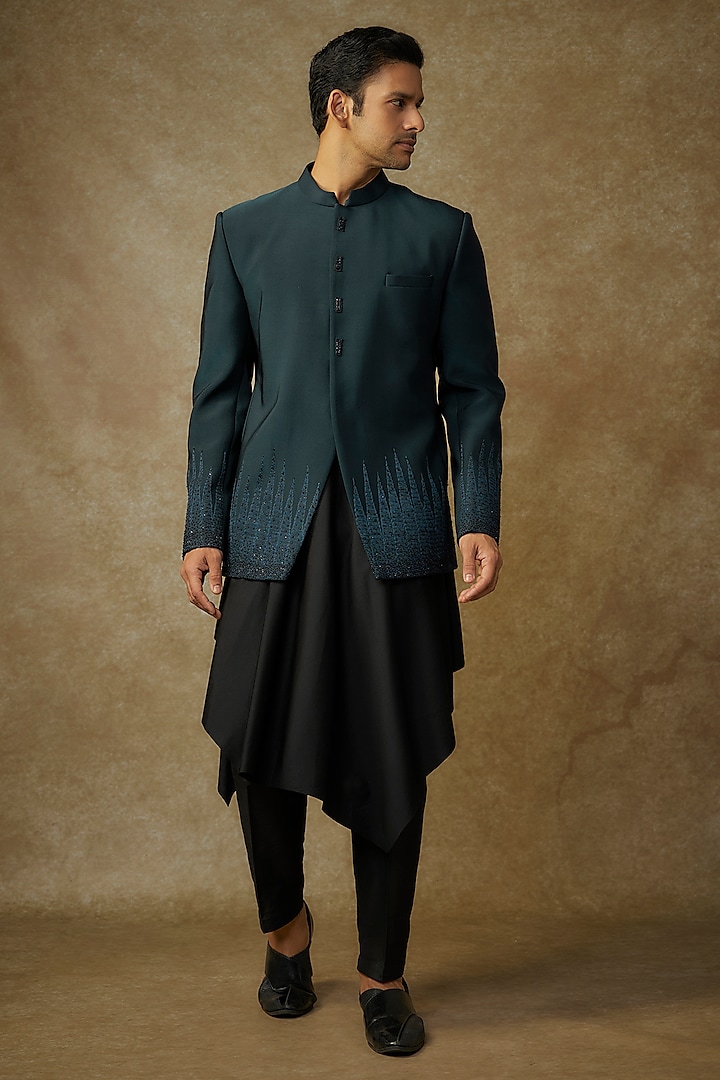 Navy Blue Terry Silk Sequins Embroidered Indowestern Set by RNG Safawala Men