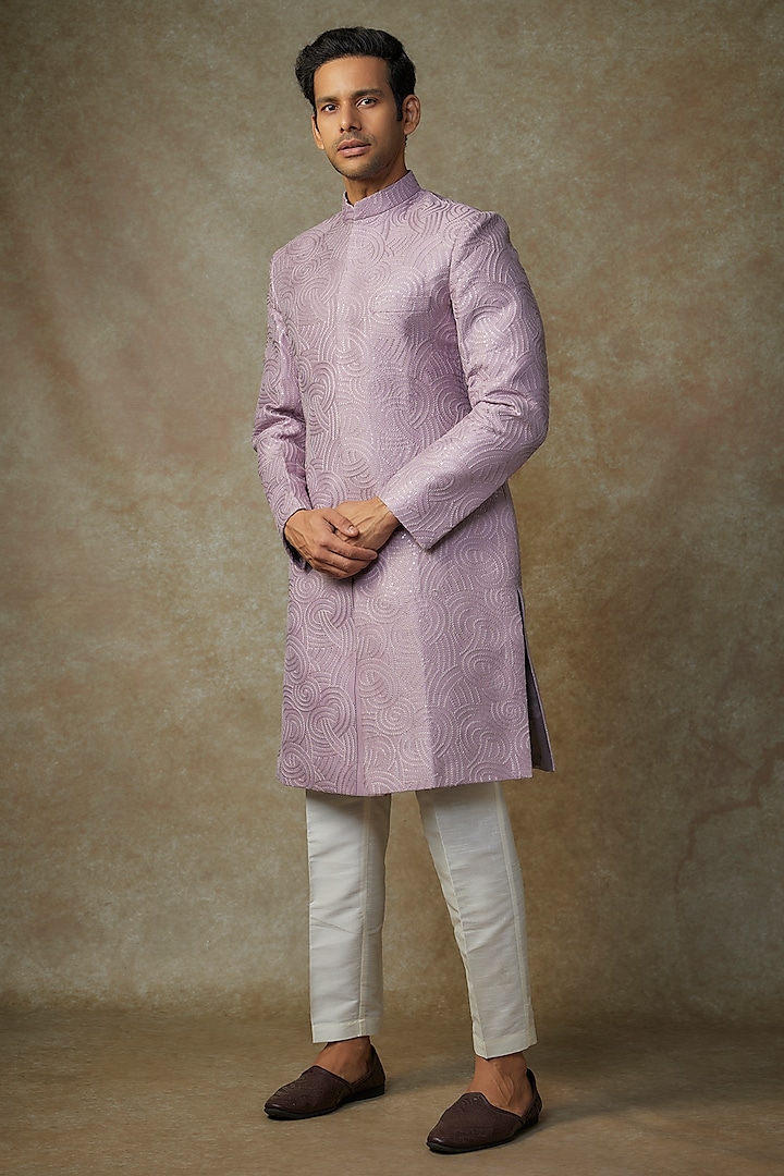 Purple Raw Silk Sequins Embroidered Achkan Set by RNG Safawala Men