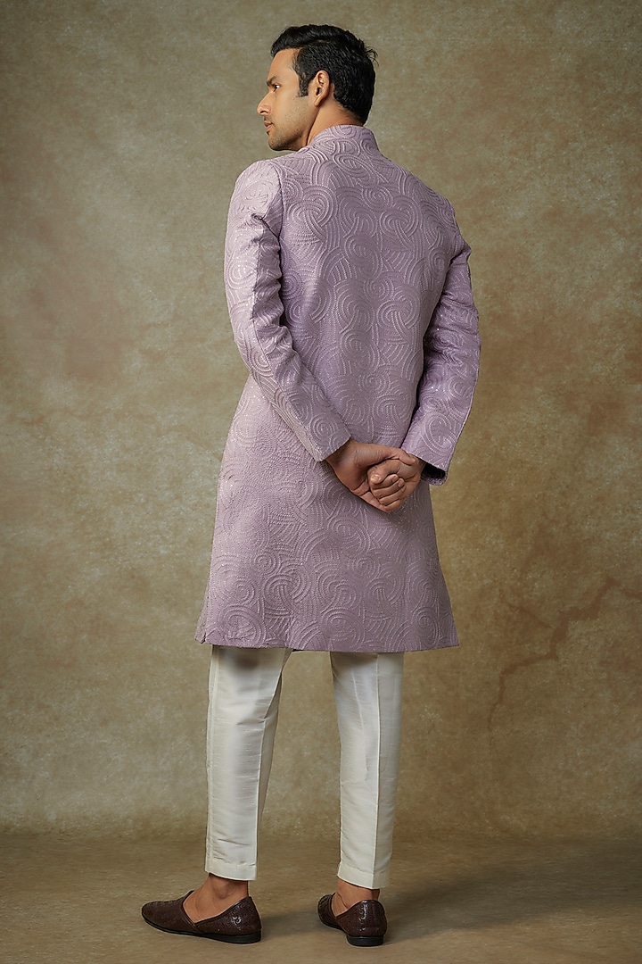 Purple Raw Silk Sequins Embroidered Achkan Set by RNG Safawala Men at Pernia's Pop Up Shop
