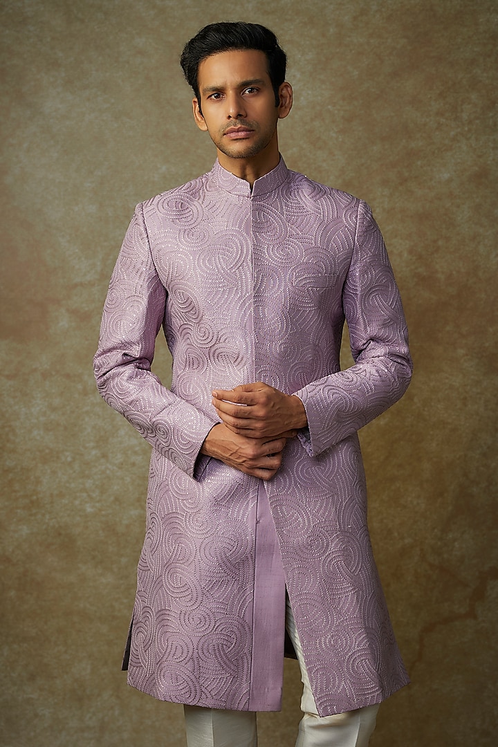 Purple Raw Silk Sequins Embroidered Achkan Set by RNG Safawala Men at Pernia's Pop Up Shop