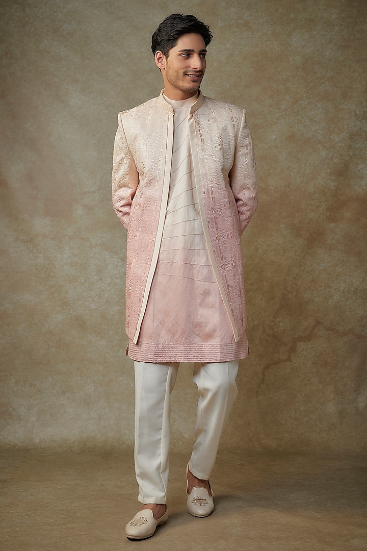 Cream Raw Silk Resham Embroidered Indowestern Set by RNG Safawala Men