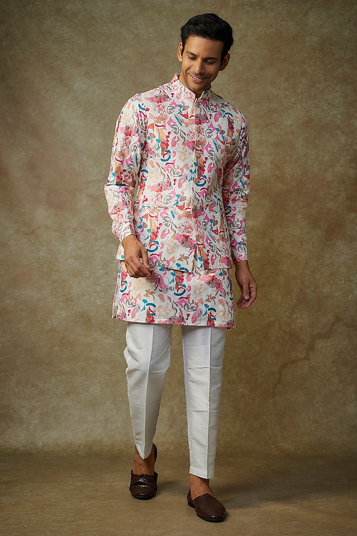 Off-White Cotton Silk Printed Bundi Jacket Set by RNG Safawala Men