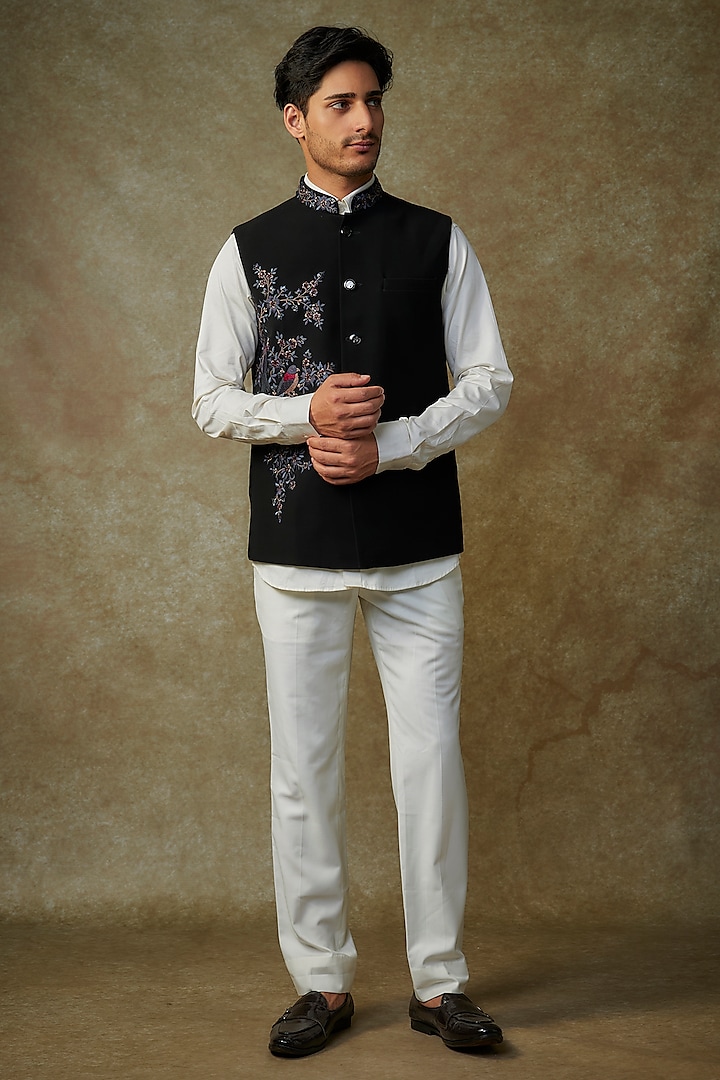 Black Terry Silk Resham Embroidered Nehru Jacket by RNG Safawala Men