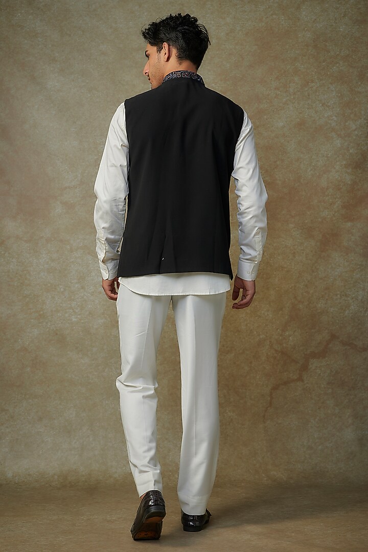 Black Terry Silk Resham Embroidered Nehru Jacket by RNG Safawala Men at Pernia's Pop Up Shop