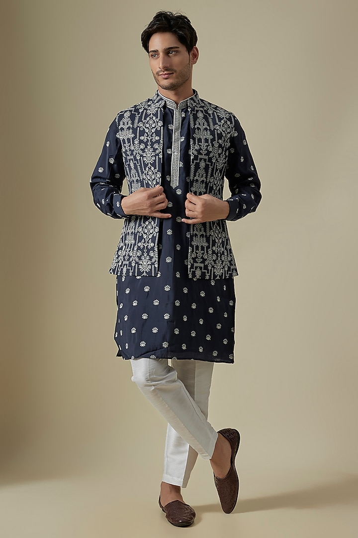 Royal Blue Raw Silk Dori Embroidered Bundi Jacket Set by RNG Safawala Men