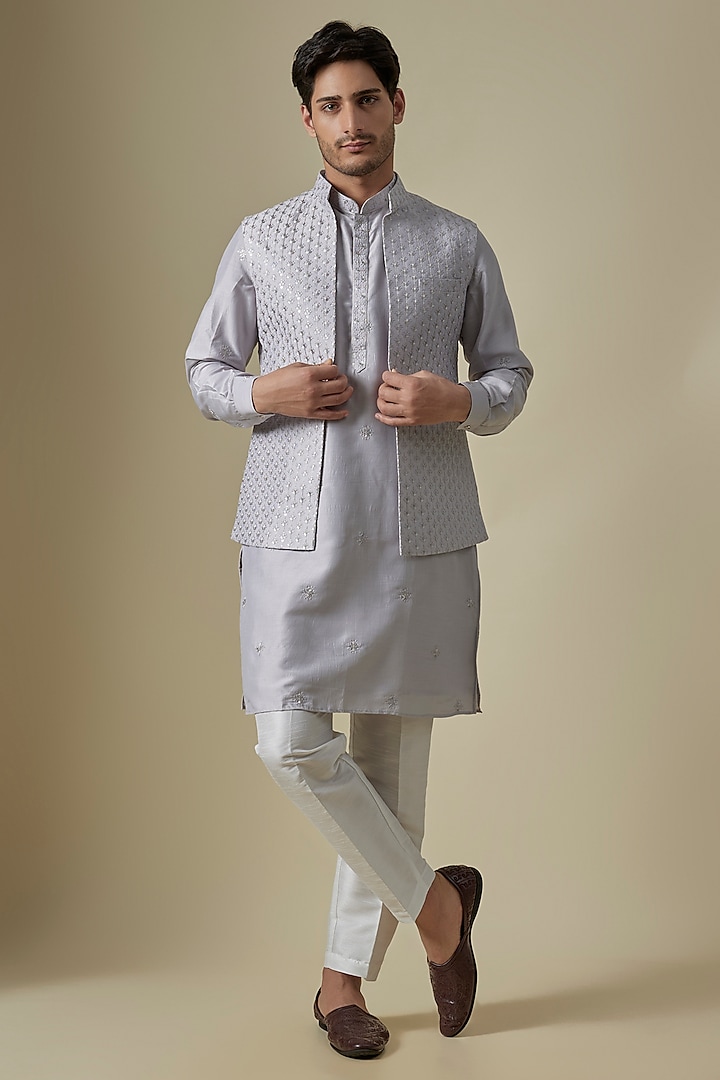 Grey Cotton Silk Sequins Embroidered Open Jacket Set by RNG Safawala Men at Pernia's Pop Up Shop