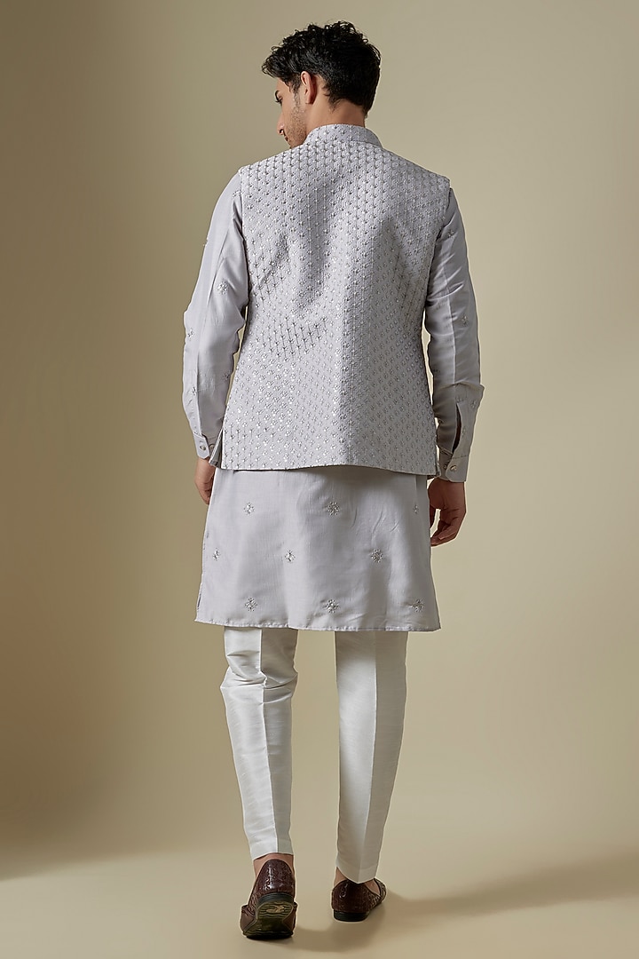 Grey Cotton Silk Sequins Embroidered Open Jacket Set by RNG Safawala Men at Pernia's Pop Up Shop