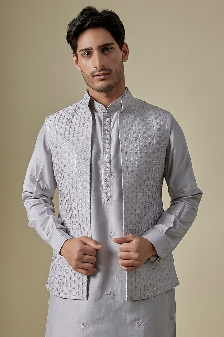 Grey Cotton Silk Sequins Embroidered Open Jacket Set by RNG Safawala Men at Pernia's Pop Up Shop