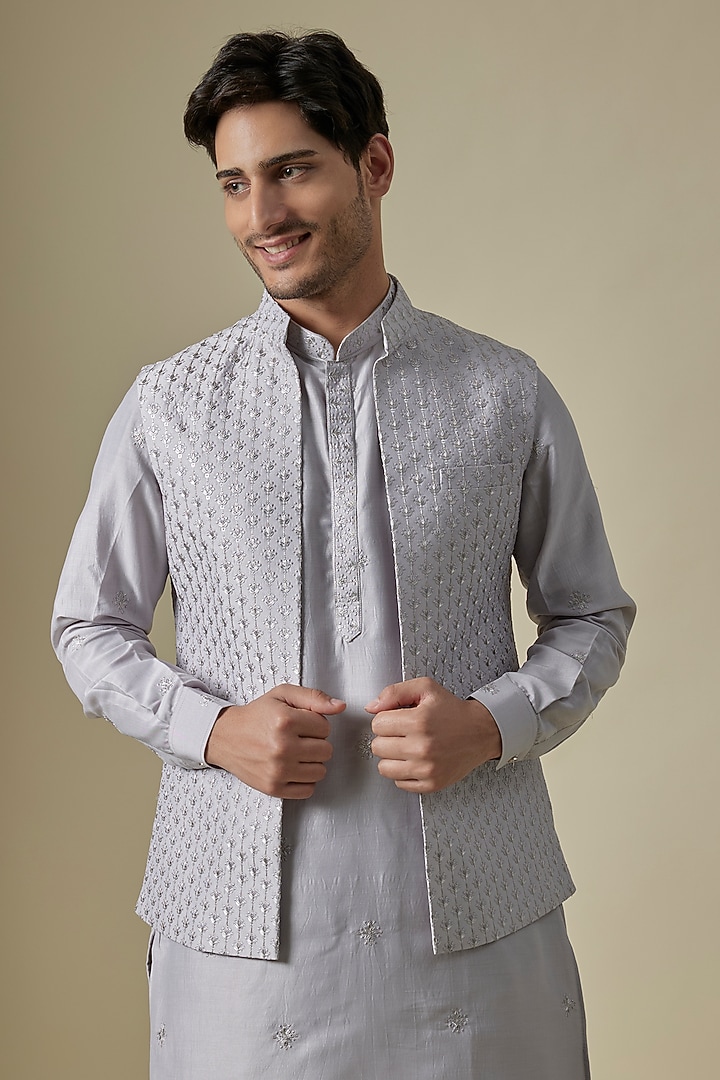 Grey Cotton Silk Sequins Embroidered Open Jacket Set by RNG Safawala Men at Pernia's Pop Up Shop