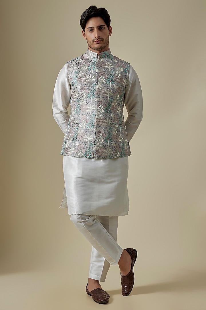 Sage Green Raw Silk Sequins Embroidered Bundi Jacket Set by RNG Safawala Men