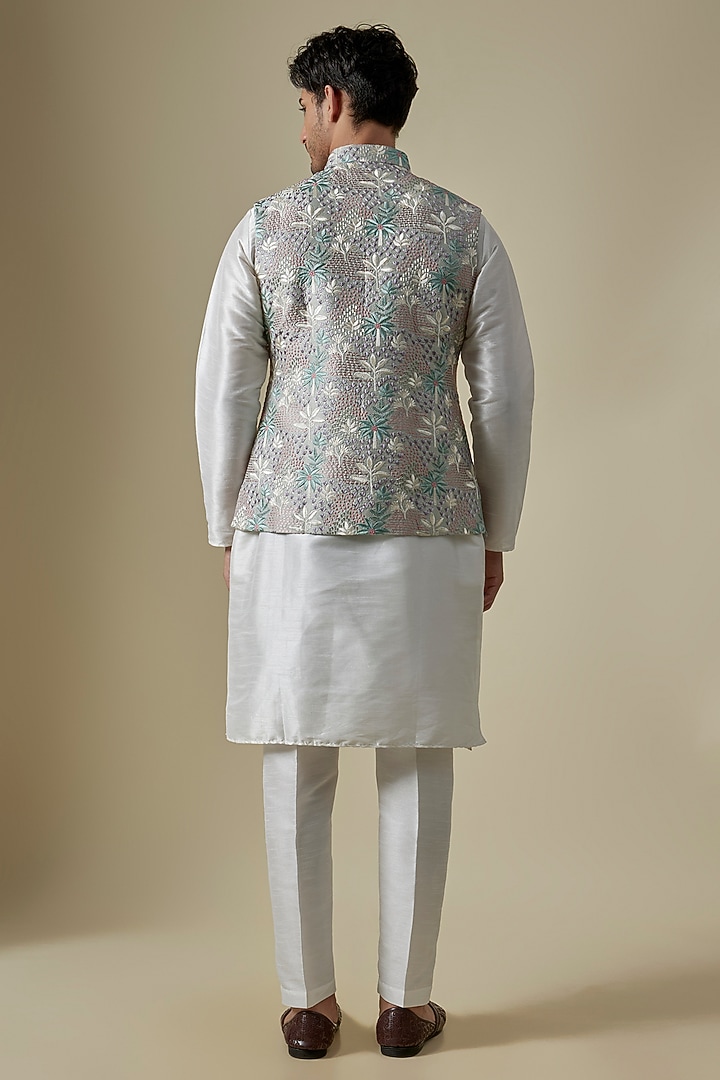 Sage Green Raw Silk Sequins Embroidered Bundi Jacket Set by RNG Safawala Men at Pernia's Pop Up Shop