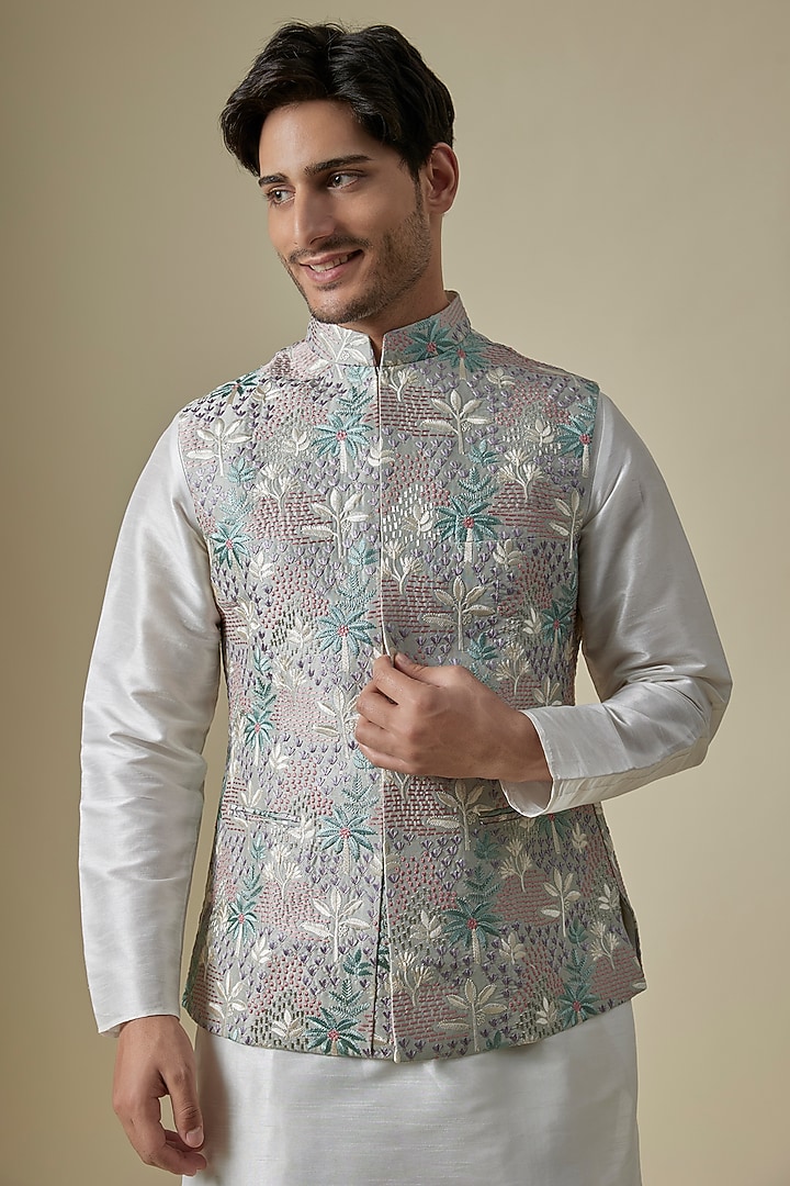 Sage Green Raw Silk Sequins Embroidered Bundi Jacket Set by RNG Safawala Men at Pernia's Pop Up Shop