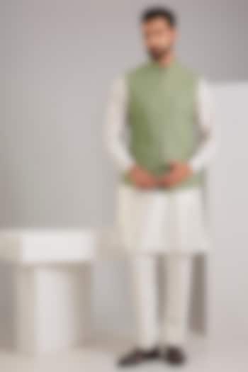 Pista Green Raw Silk Foil Printed Bundi Jacket Set by RNG Safawala Men at Pernia's Pop Up Shop