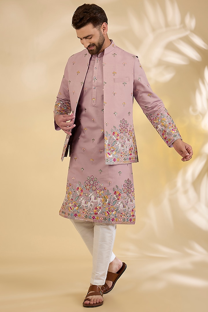 Mauve Raw Silk Resham Embroidered Bundi Jacket Set by RNG Safawala Men at Pernia's Pop Up Shop