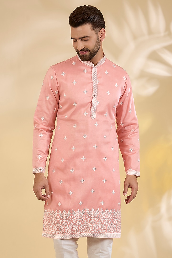 Peach Crepe Silk Resham Embroidered Kurta Set by RNG Safawala Men at Pernia's Pop Up Shop