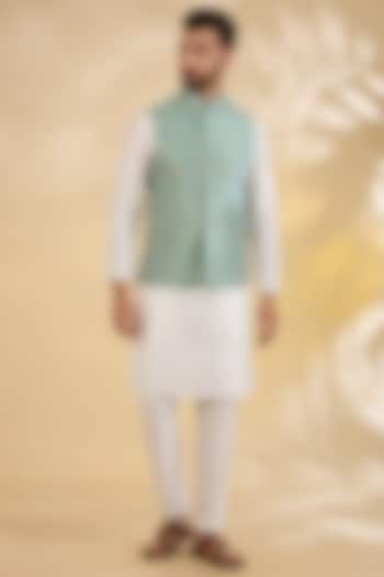 Sea Green Brocade Silk Geometric Printed Bundi Jacket by RNG Safawala Men at Pernia's Pop Up Shop