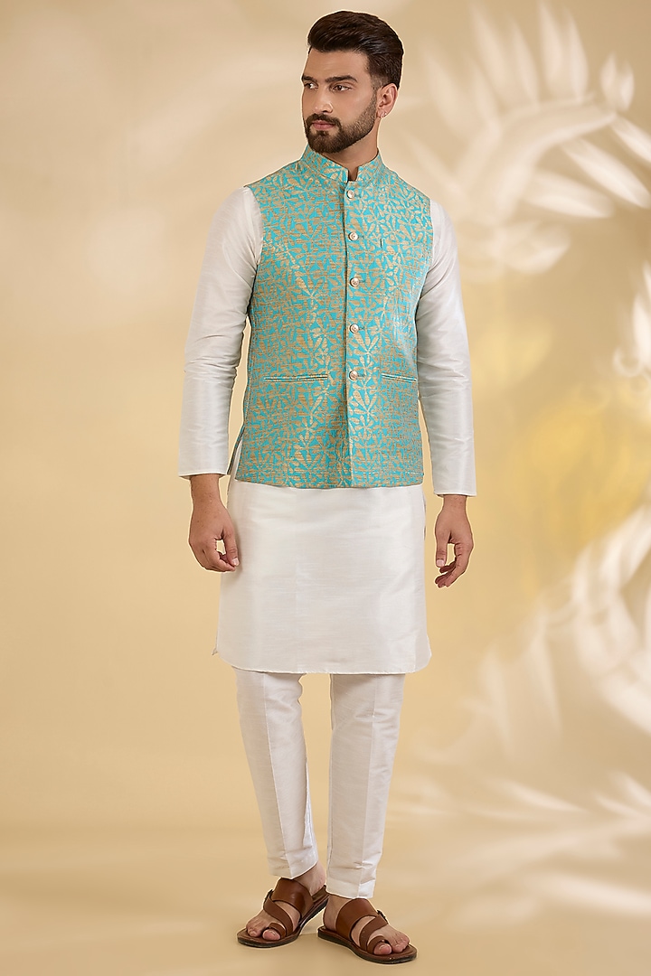 Sea Green Brocade Silk Geometric Printed Bundi Jacket by RNG Safawala Men at Pernia's Pop Up Shop