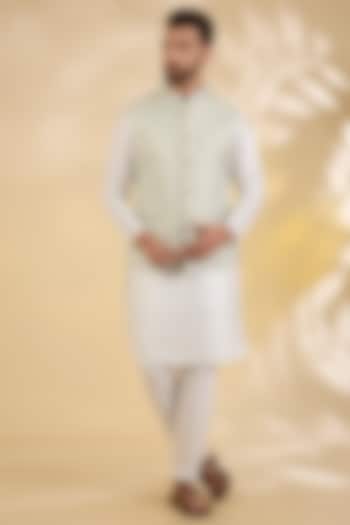 Sea Green Brocade Silk Floral Printed Bundi Jacket by RNG Safawala Men at Pernia's Pop Up Shop